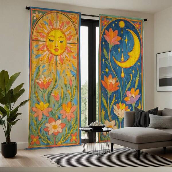 2pcs Bohemian Sun And Moon Floral Print Curtains - Olive Green Sheer Polyester With Rod Pocket, Suitable For Bedroom, Living Room, Kitchen, Study Room, 4 Seasons Romantic Home Decor