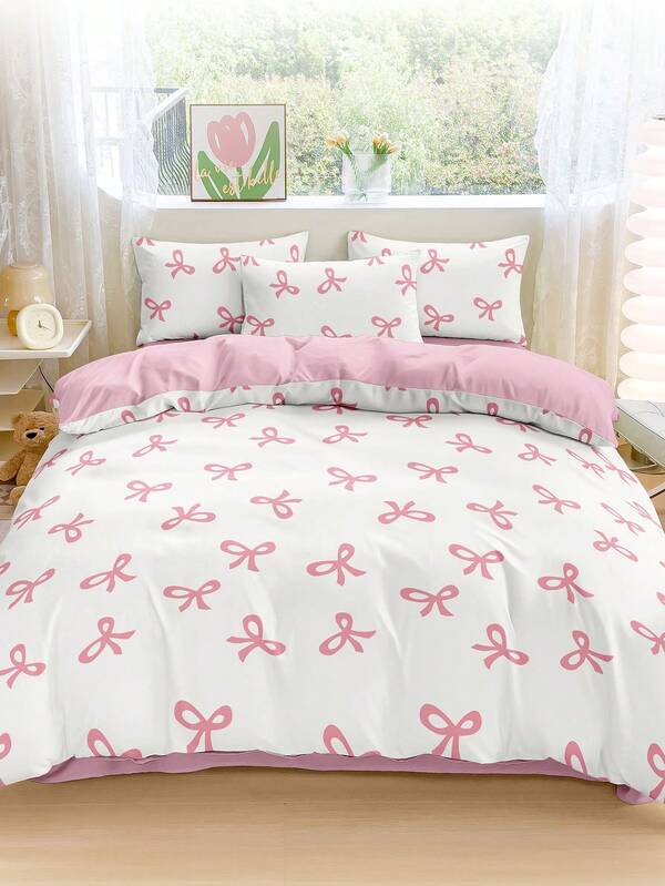 2/3pcs Bedding Set, Pink Bow Printed Soft & Comfortable Bedding, Sweet Girl Style Bedroom Decor, Breathable Anti-Dust Microfiber Duvet Cover, Suitable For Single/Double/King Size Bed, Includes 1 Duvet Cover And 2/1 Pillow Shams, Holiday Gift,