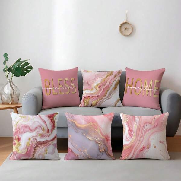 6pcs Simple Home Pink Marble Pattern Cushion Covers, Single-Sided Printed Peach Velvet Material, 45*45/50*50/40*40CM Pillow Covers For Modern Fabric Sofa Indoor Decor, Party Decoration, Gift