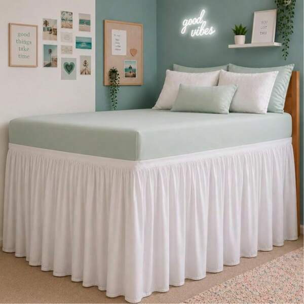 Twin XL Dorm Bed Skirt 32 Drop - Extra Long Wrap Around Elastic Dust Ruffle, Soft Microfiber, Easy Fit No Lift Installation, Wrinkle Free, Machine Washable White Bedskirt For College Dorm Room